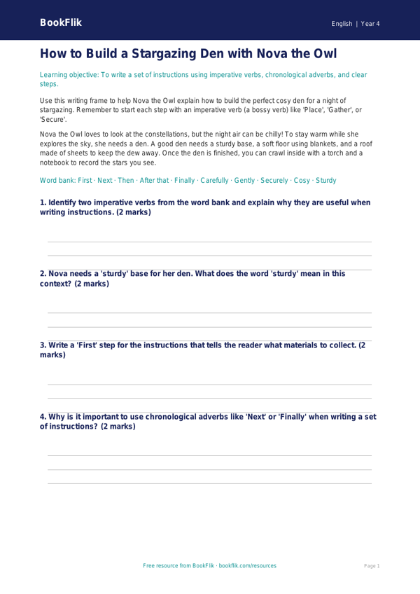 Free Instructions Writing Frame | Year 4 Core | BookFlik worksheet preview — English Instructions