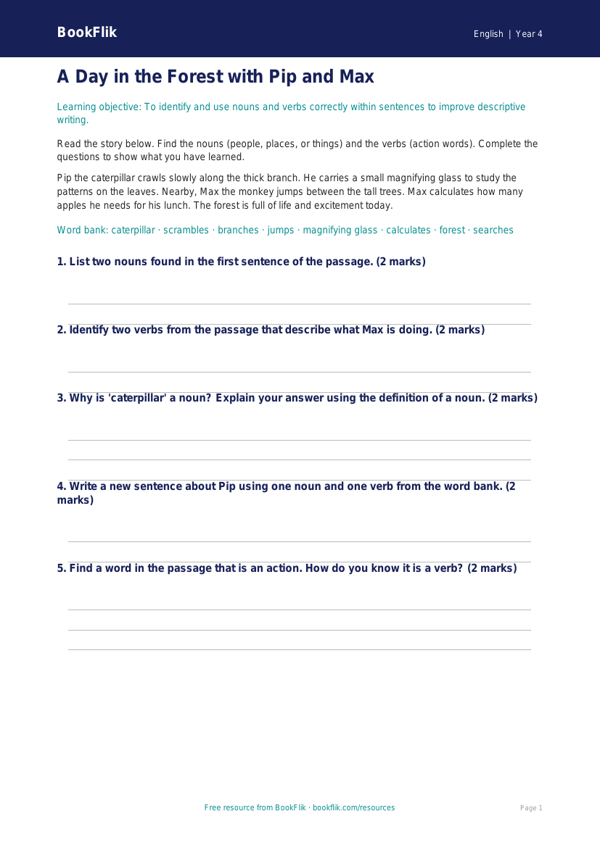 Free Nouns And Verbs Activity Sheet | Year 4 Core | BookFlik worksheet preview — English Nouns And Verbs
