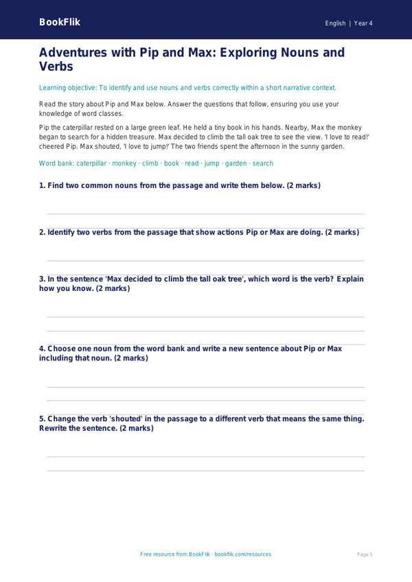 Free Nouns And Verbs Assessment | Year 4 Core | BookFlik worksheet preview — English Nouns And Verbs