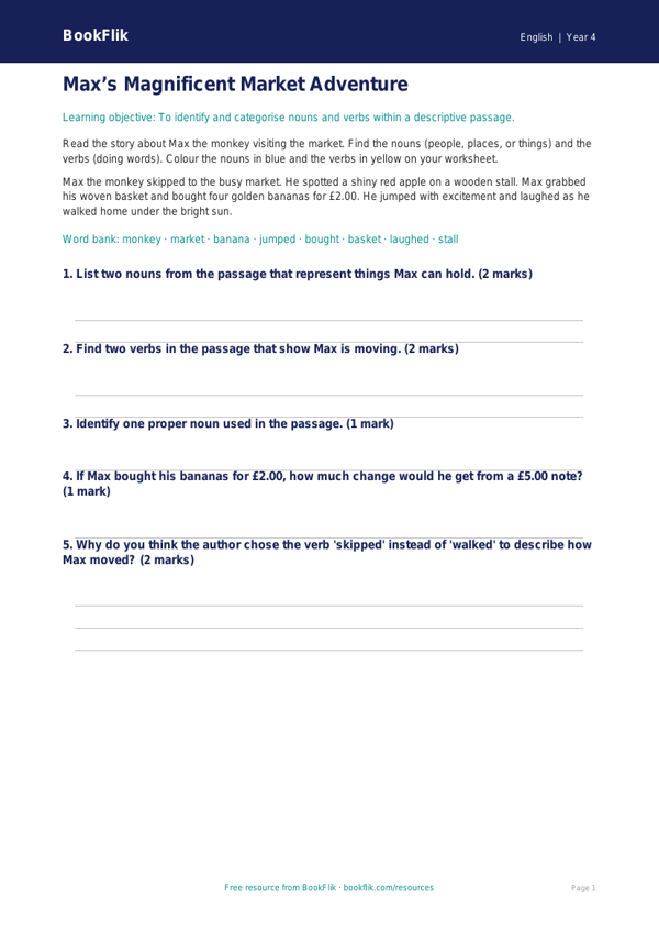 Free Nouns And Verbs Colouring Page | Year 4 Core | BookFlik worksheet preview — English Nouns And Verbs
