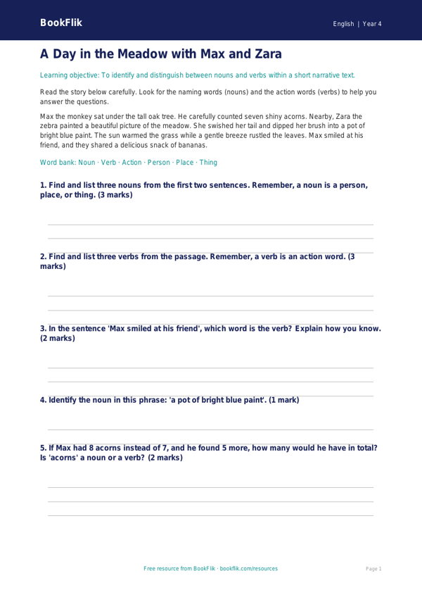 Free Nouns And Verbs Comprehension | Year 4 Core | BookFlik worksheet preview — English Nouns And Verbs