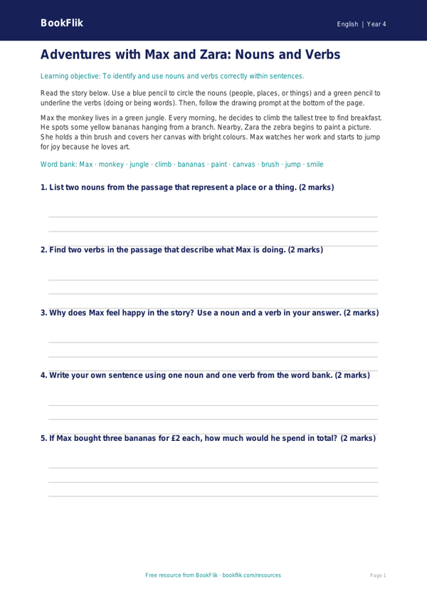Free Nouns And Verbs Drawing Sheet | Year 4 Core | BookFlik worksheet preview — English Nouns And Verbs
