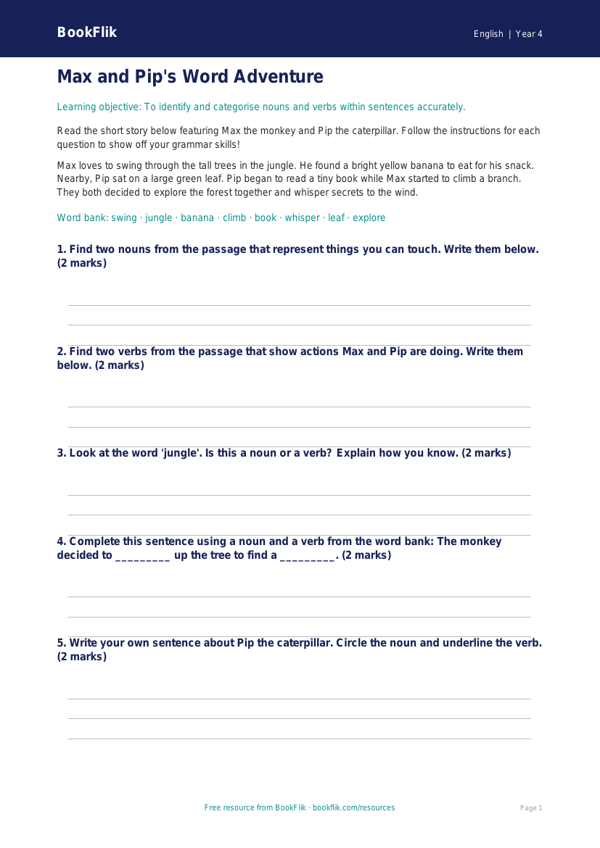 Free Nouns And Verbs Flashcards | Year 4 Core | BookFlik worksheet preview — English Nouns And Verbs