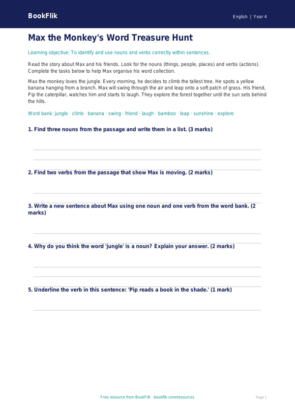 Free Nouns And Verbs Worksheet | Year 4 Grammar | BookFlik worksheet preview — English Nouns And Verbs