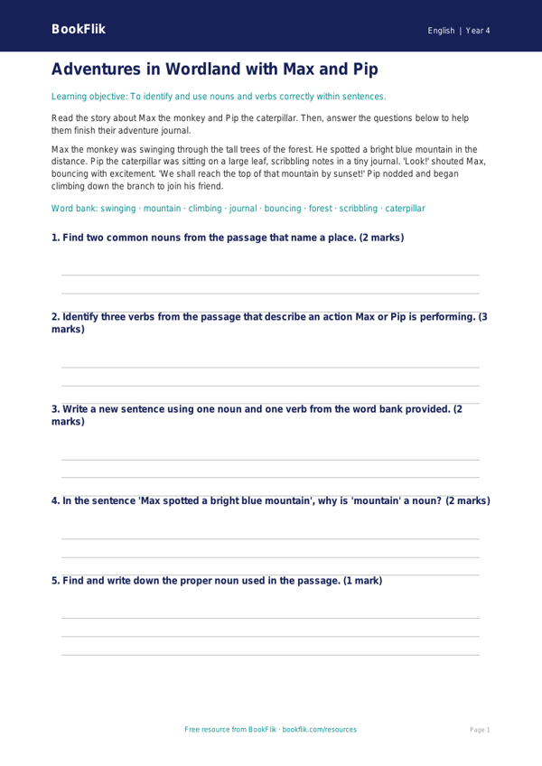 Free Nouns And Verbs Quiz | Year 4 Core | BookFlik worksheet preview — English Nouns And Verbs