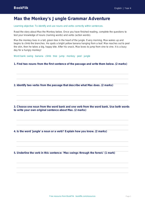 Free Nouns And Verbs Template | Year 4 Core | BookFlik worksheet preview — English Nouns And Verbs