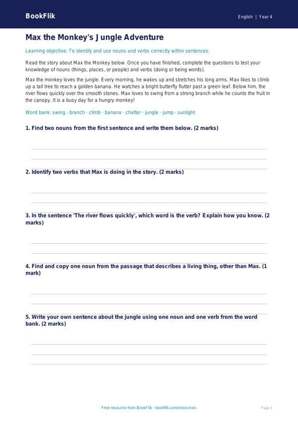 Free Nouns And Verbs Track Sheet | Year 4 Core | BookFlik worksheet preview — English Nouns And Verbs