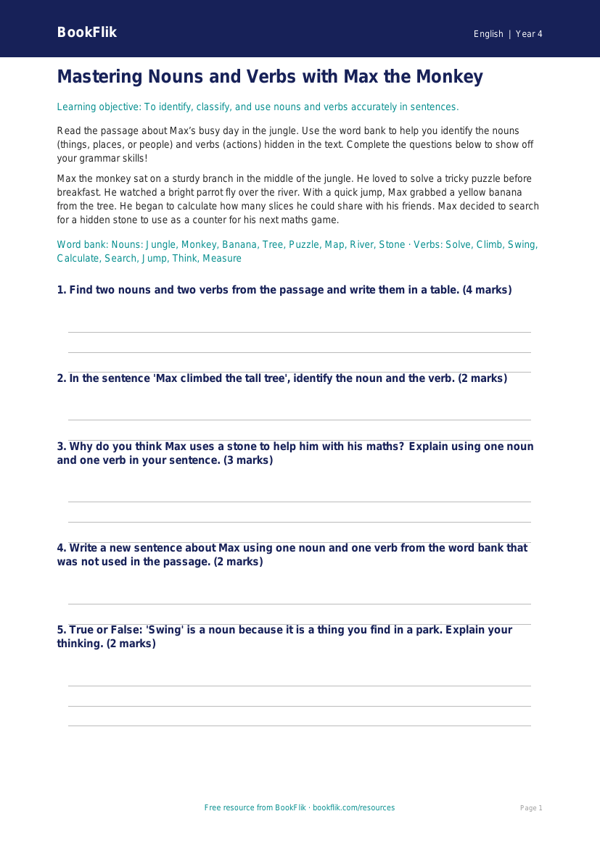 Free Nouns And Verbs Word Mat | Year 4 Core | BookFlik worksheet preview — English Nouns And Verbs