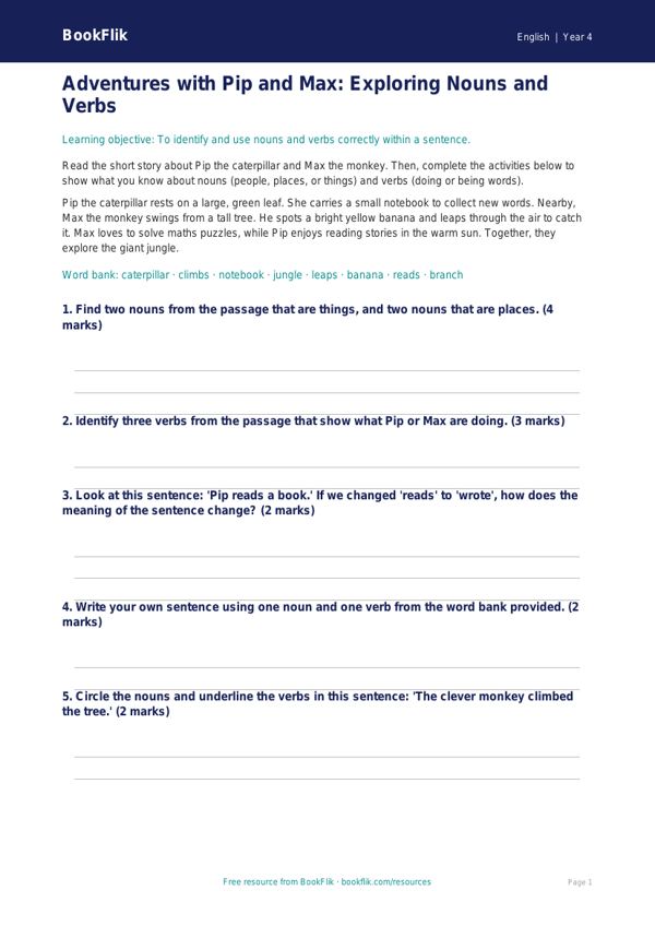 Free Nouns And Verbs Worksheet | Year 4 Core | BookFlik worksheet preview — English Nouns And Verbs