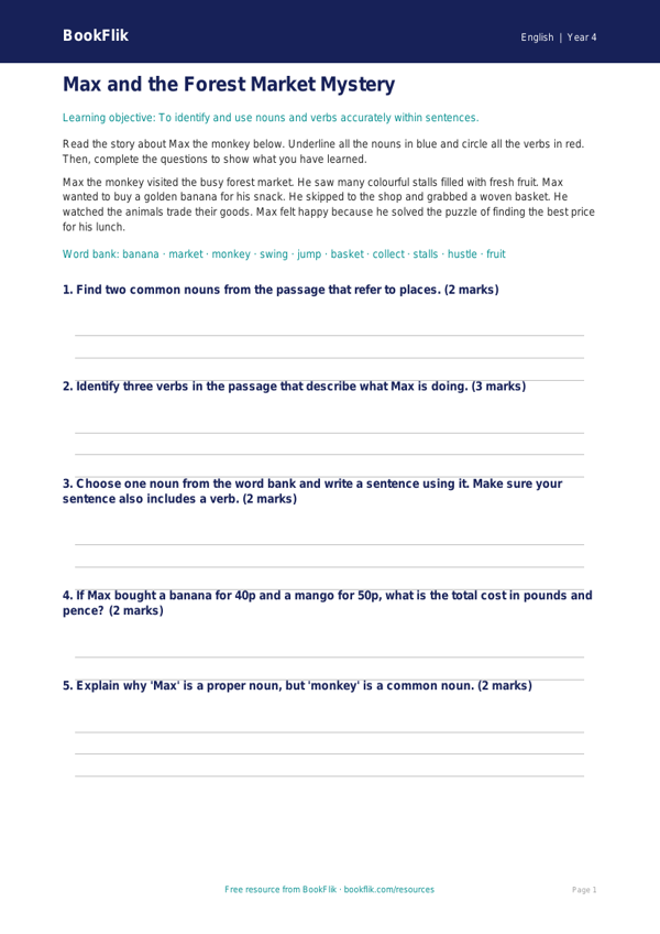 Free Nouns And Verbs Writing Frame | Year 4 Core | BookFlik worksheet preview — English Nouns And Verbs