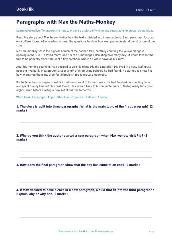 Free Paragraphs Activity Sheet | Year 4 Core | BookFlik worksheet preview — English Paragraphs