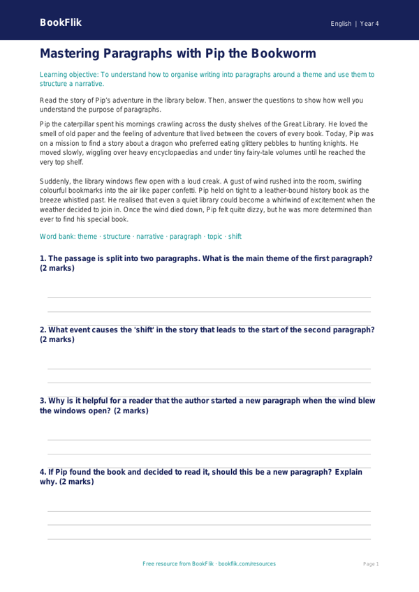 Free Paragraphs Assessment | Year 4 Core | BookFlik worksheet preview — English Paragraphs