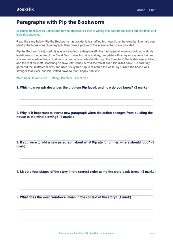 Free Paragraphs Colouring Page | Year 4 Core | BookFlik worksheet preview — English Paragraphs