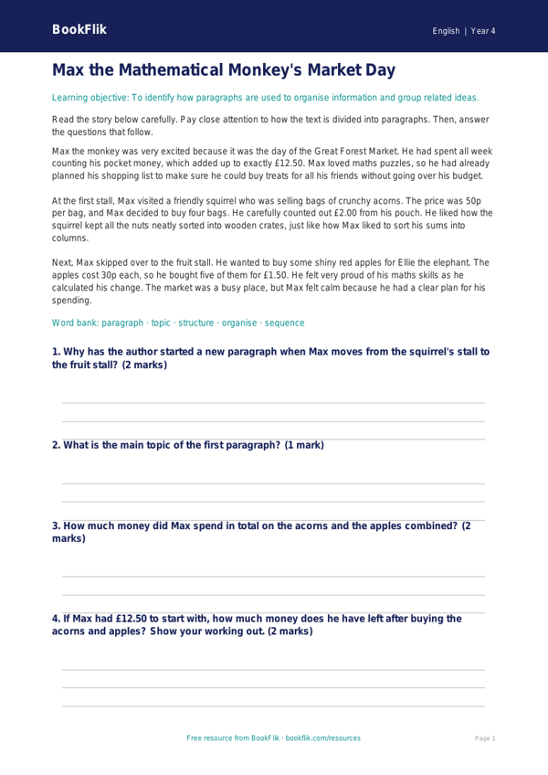 Free Paragraphs Comprehension | Year 4 Core | BookFlik worksheet preview — English Paragraphs