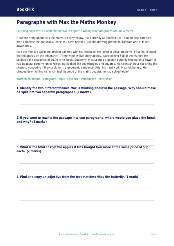 Free Paragraphs Drawing Sheet | Year 4 Core | BookFlik worksheet preview — English Paragraphs
