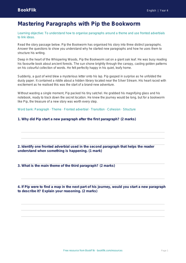 Free Paragraphs Flashcards | Year 4 Core | BookFlik worksheet preview — English Paragraphs
