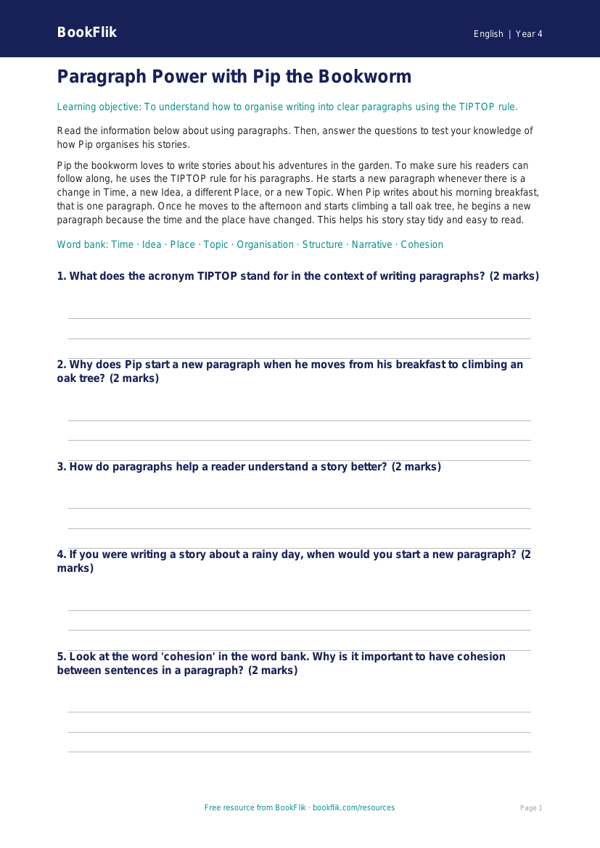Free Paragraphs Poster | Year 4 Core | BookFlik worksheet preview — English Paragraphs