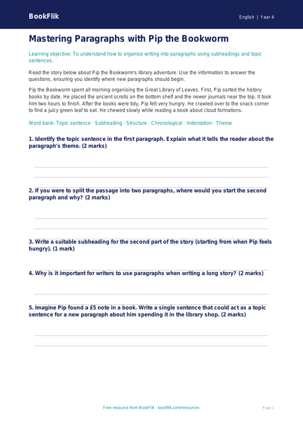 Free Paragraphs Quiz | Year 4 Core | BookFlik worksheet preview — English Paragraphs