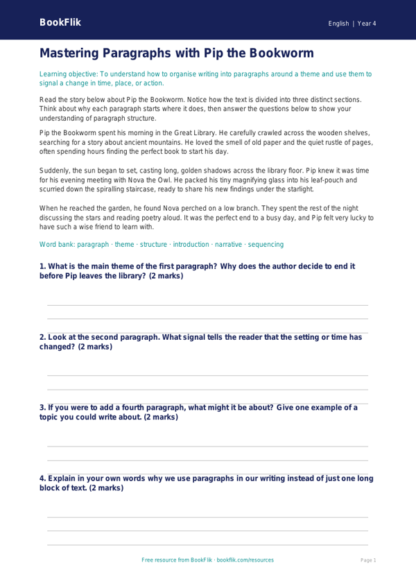 Free Paragraphs Template | Year 4 Core | BookFlik worksheet preview — English Paragraphs