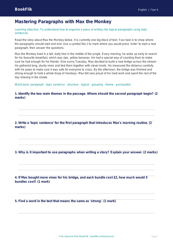Free Paragraphs Track Sheet | Year 4 Core | BookFlik worksheet preview — English Paragraphs