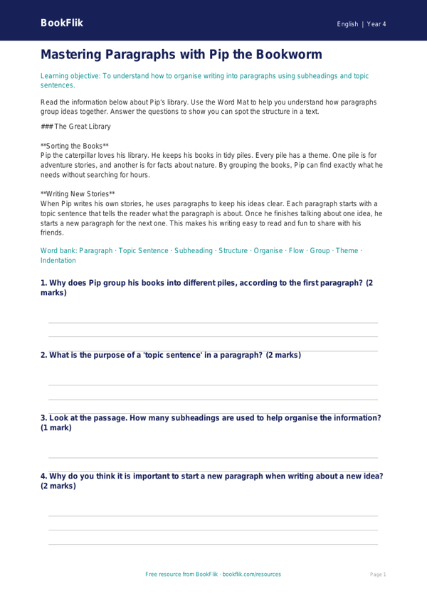Free Paragraphs Word Mat | Year 4 Core | BookFlik worksheet preview — English Paragraphs