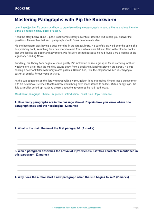 Free Paragraphs Worksheet | Year 4 Core | BookFlik worksheet preview — English Paragraphs