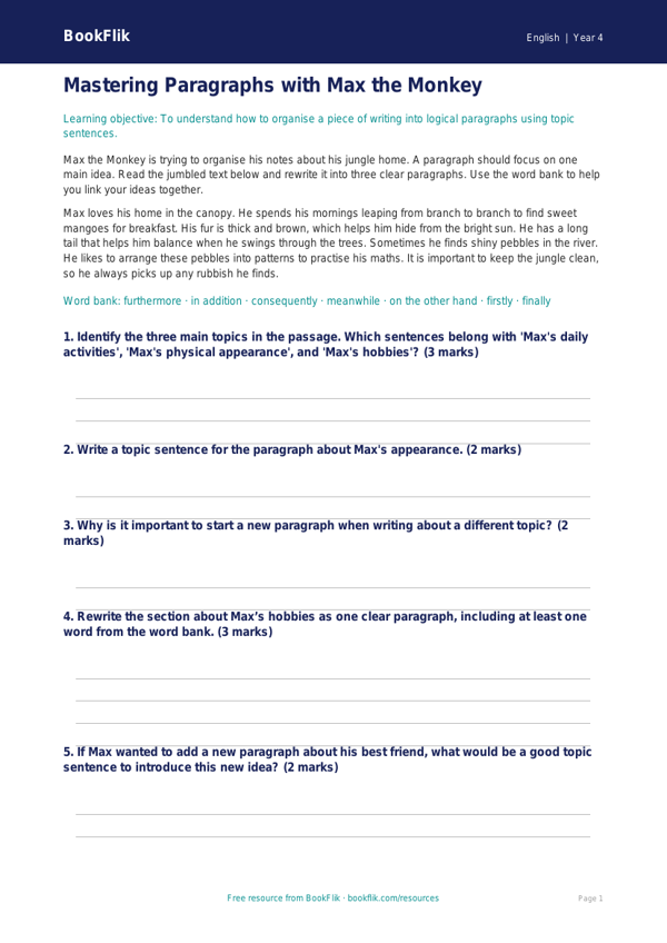 Free Paragraphs Writing Frame | Year 4 Core | BookFlik worksheet preview — English Paragraphs