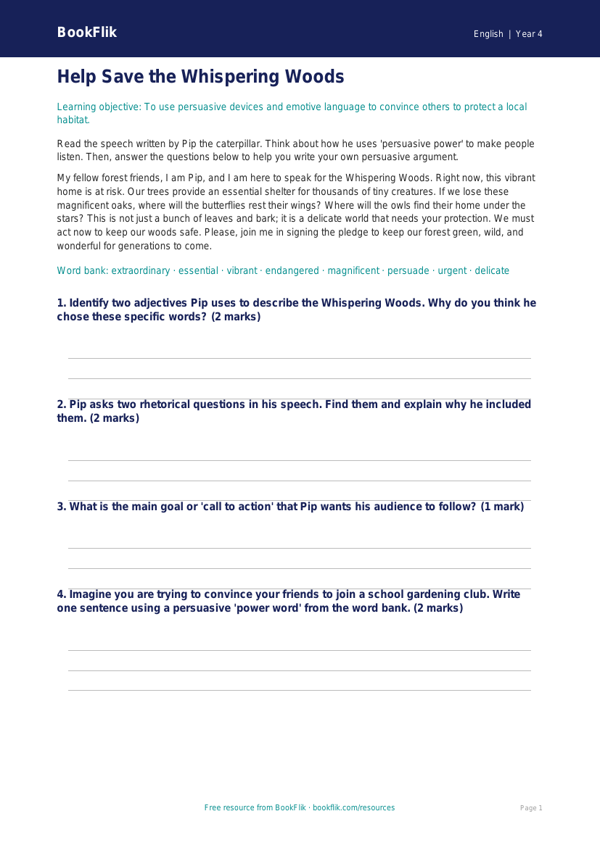 Free Persuasive Writing Activity Sheet | Year 4 Core | BookFlik worksheet preview — English Persuasive Writing