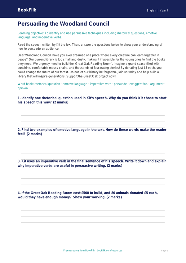 Free Persuasive Writing Assessment | Year 4 Core | BookFlik worksheet preview — English Persuasive Writing