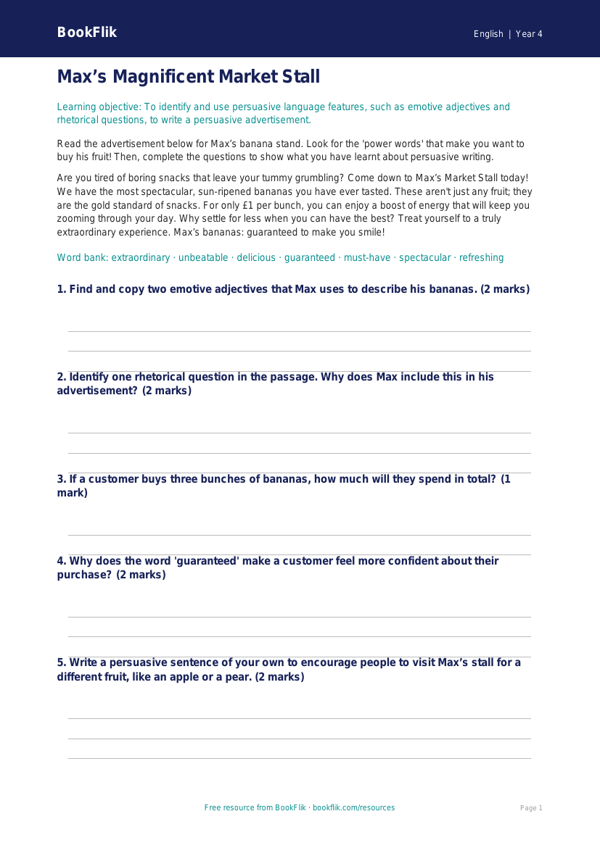 Free Persuasive Writing Colouring Page | Year 4 Core | BookFlik worksheet preview — English Persuasive Writing