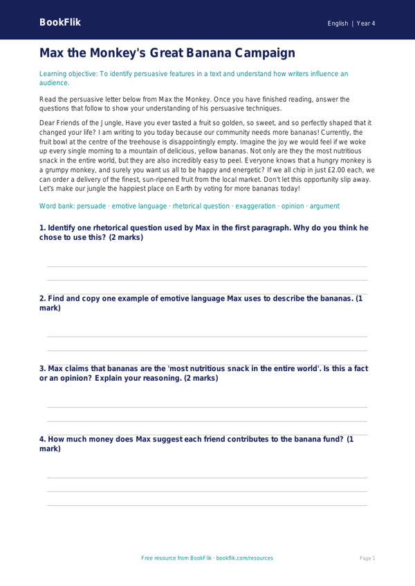 Free Persuasive Writing Comprehension | Year 4 Core | BookFlik worksheet preview — English Persuasive Writing