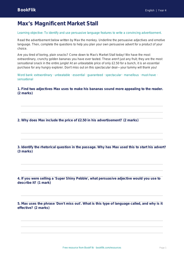 Free Persuasive Writing Drawing Sheet | Year 4 Core | BookFlik worksheet preview — English Persuasive Writing