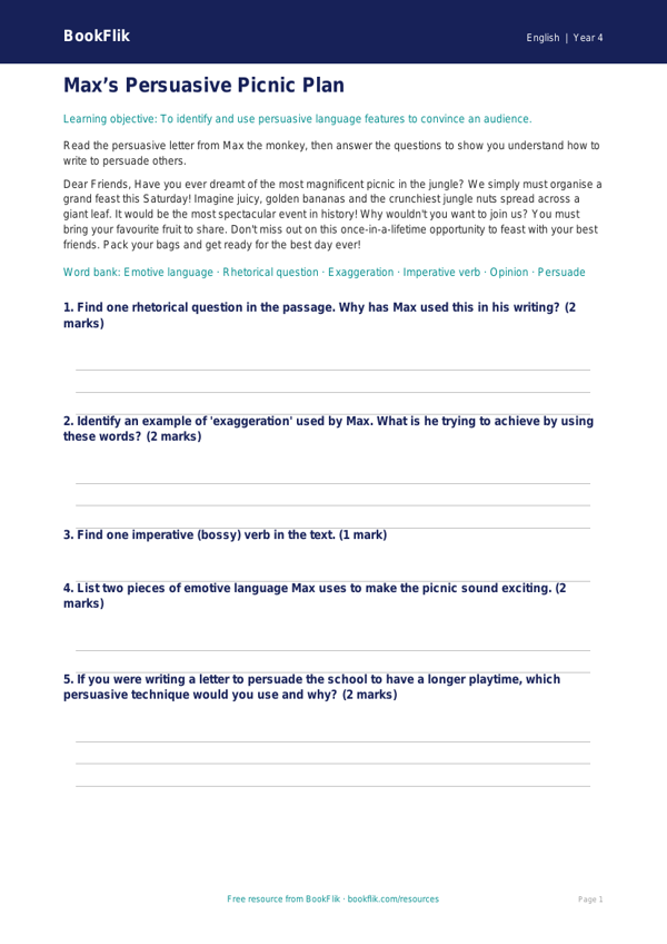 Free Persuasive Writing Flashcards | Year 4 Core | BookFlik worksheet preview — English Persuasive Writing
