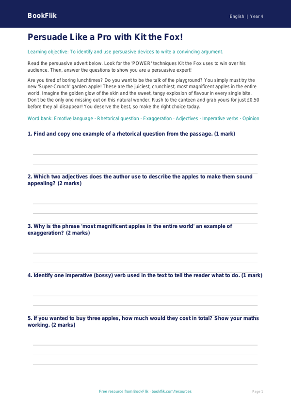 Free Persuasive Writing Poster | Year 4 Core | BookFlik worksheet preview — English Persuasive Writing