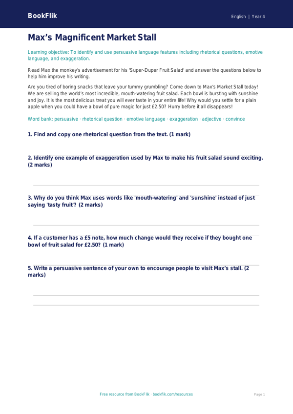 Free Persuasive Writing Quiz | Year 4 Core | BookFlik worksheet preview — English Persuasive Writing