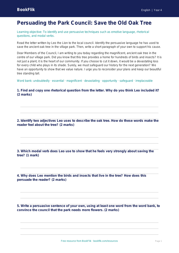 Free Persuasive Writing Template | Year 4 Core | BookFlik worksheet preview — English Persuasive Writing