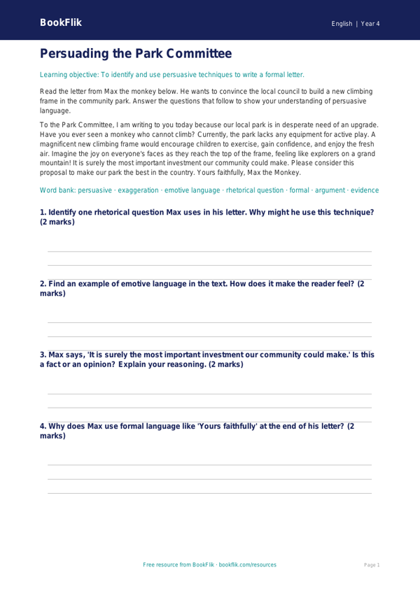 Free Persuasive Writing Worksheet | Year 4 Core | BookFlik worksheet preview — English Persuasive Writing