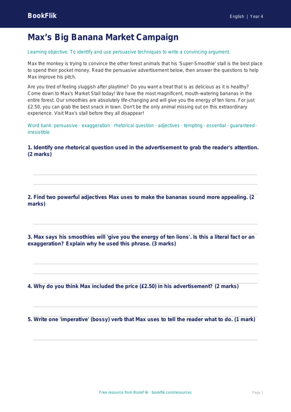 Free Persuasive Writing Frame | Year 4 Literacy Resource | BookFlik worksheet preview — English Persuasive Writing