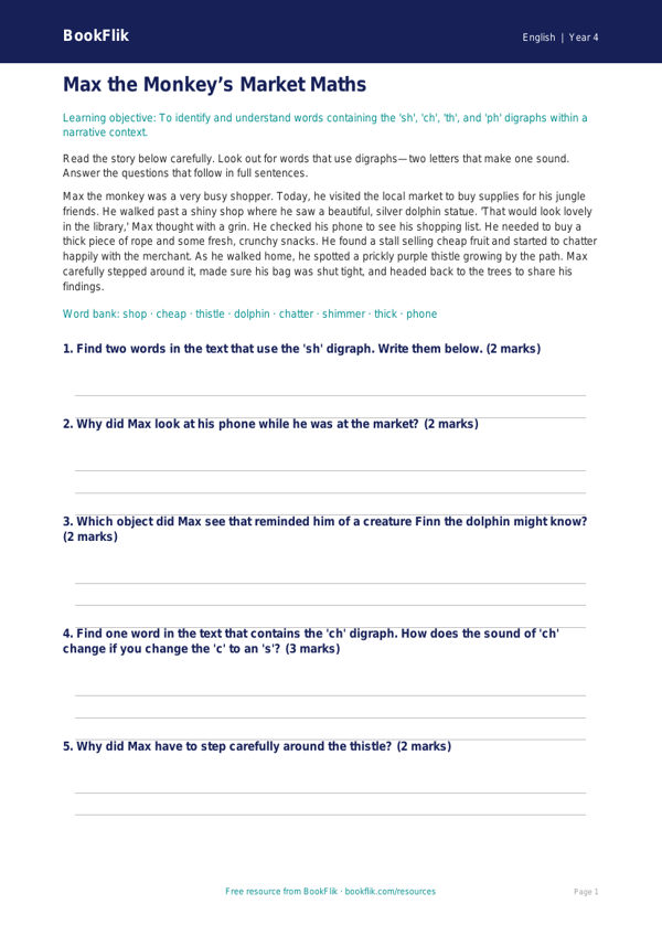 Free Phonics Comprehension | Year 4 Core | BookFlik worksheet preview — English Phonics
