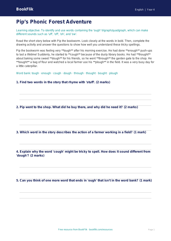 Free Phonics Drawing Sheet | Year 4 Core | BookFlik worksheet preview — English Phonics