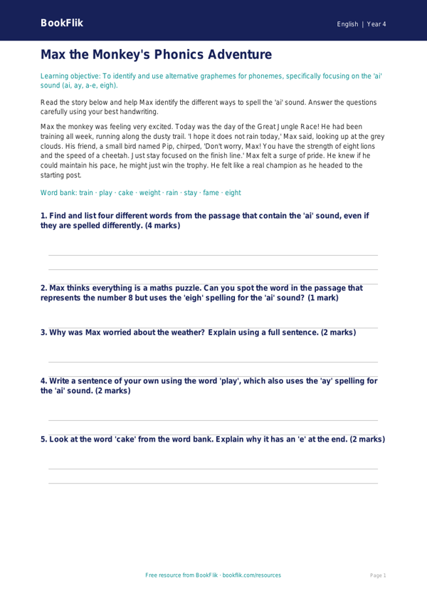 Free Phonics Quiz | Year 4 Core | BookFlik worksheet preview — English Phonics
