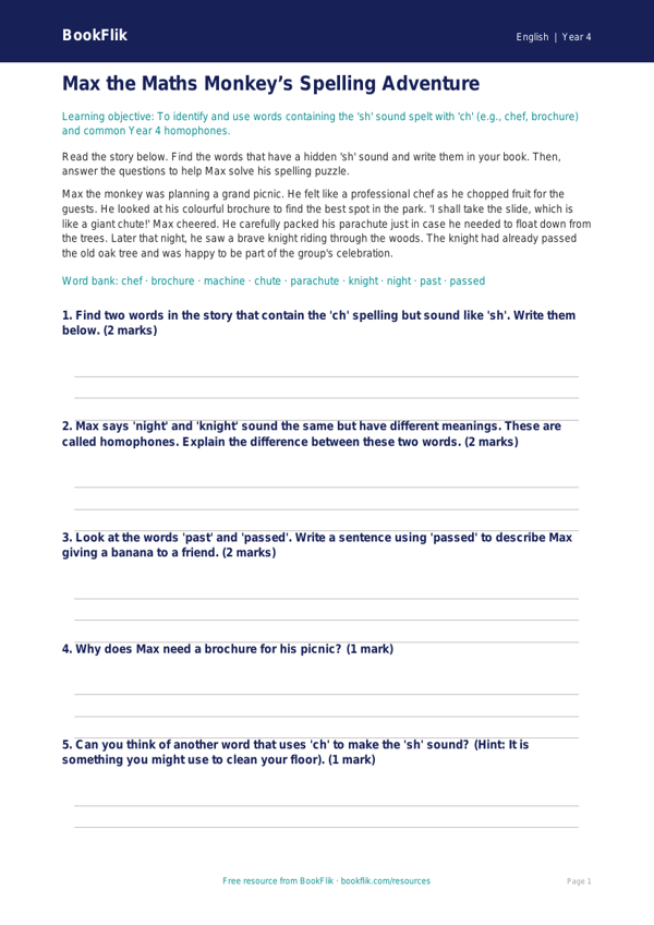 Free Phonics Writing Frame | Year 4 Core | BookFlik worksheet preview — English Phonics