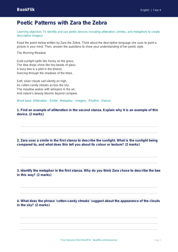 Free Poetry Activity Sheet | Year 4 Core | BookFlik worksheet preview — English Poetry