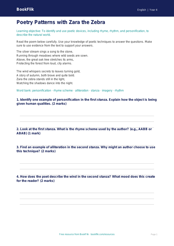 Free Poetry Assessment | Year 4 Core | BookFlik worksheet preview — English Poetry