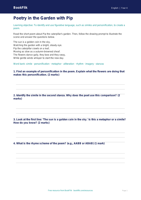 Free Poetry Colouring Page | Year 4 Core | BookFlik worksheet preview — English Poetry