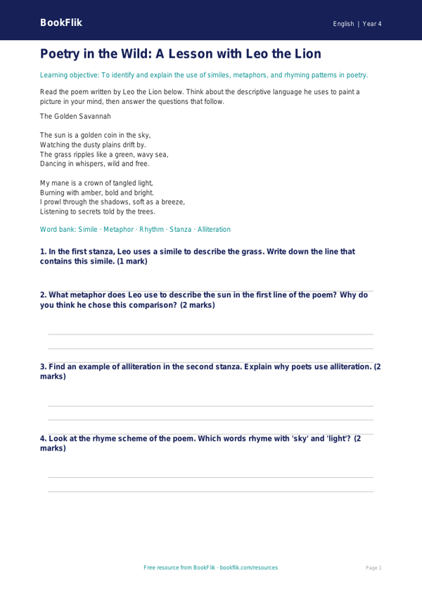 Free Poetry Comprehension Worksheet | Year 4 Core | BookFlik worksheet preview — English Poetry