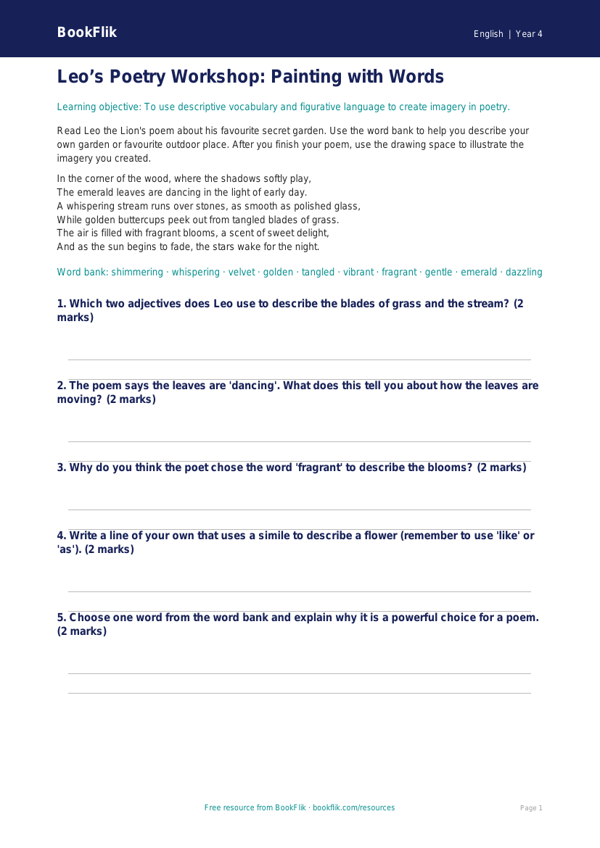 Free Poetry Drawing Sheet | Year 4 Core | BookFlik worksheet preview — English Poetry
