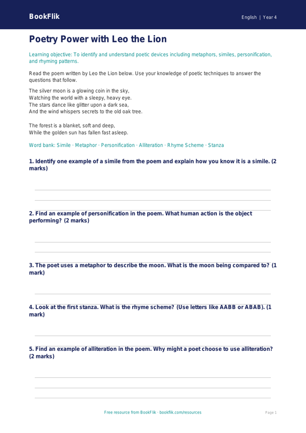 Free Poetry Flashcards | Year 4 Core | BookFlik worksheet preview — English Poetry