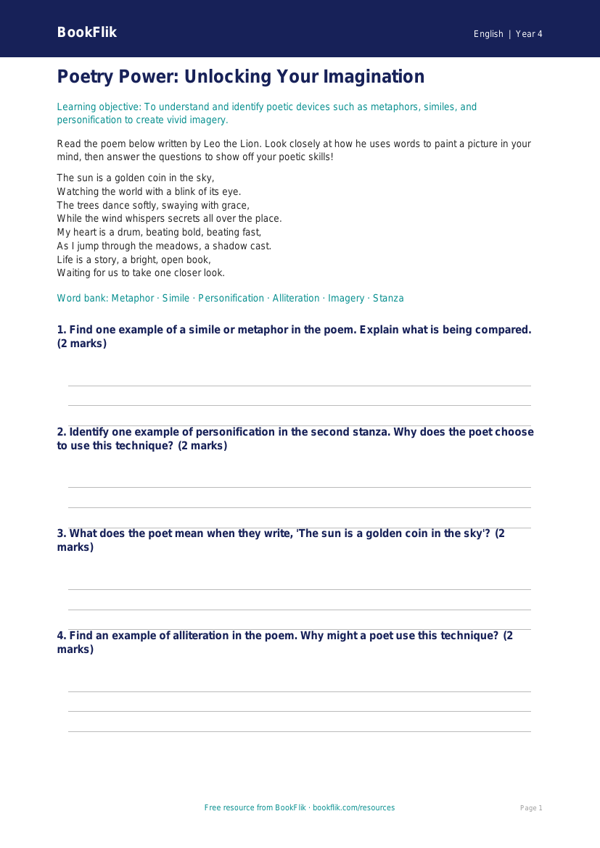 Free Poetry Poster | Year 4 Core | BookFlik worksheet preview — English Poetry