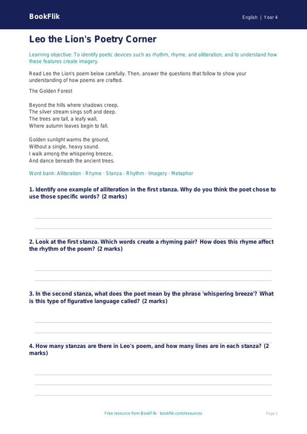 Free Poetry Quiz | Year 4 Core | BookFlik worksheet preview — English Poetry